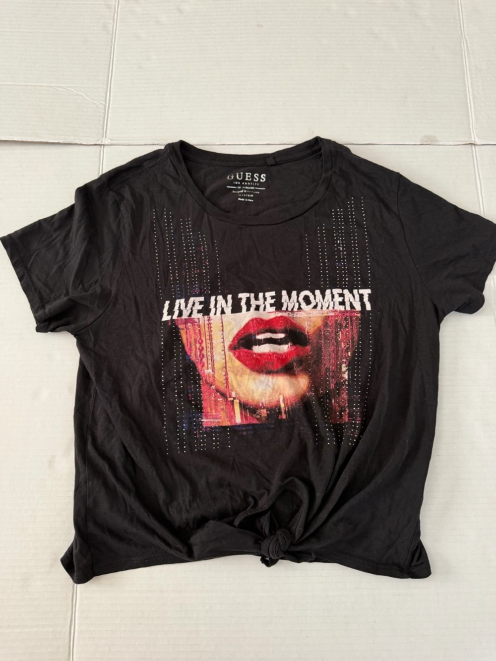 Guess Black Graphic Tee with Red Lip Print